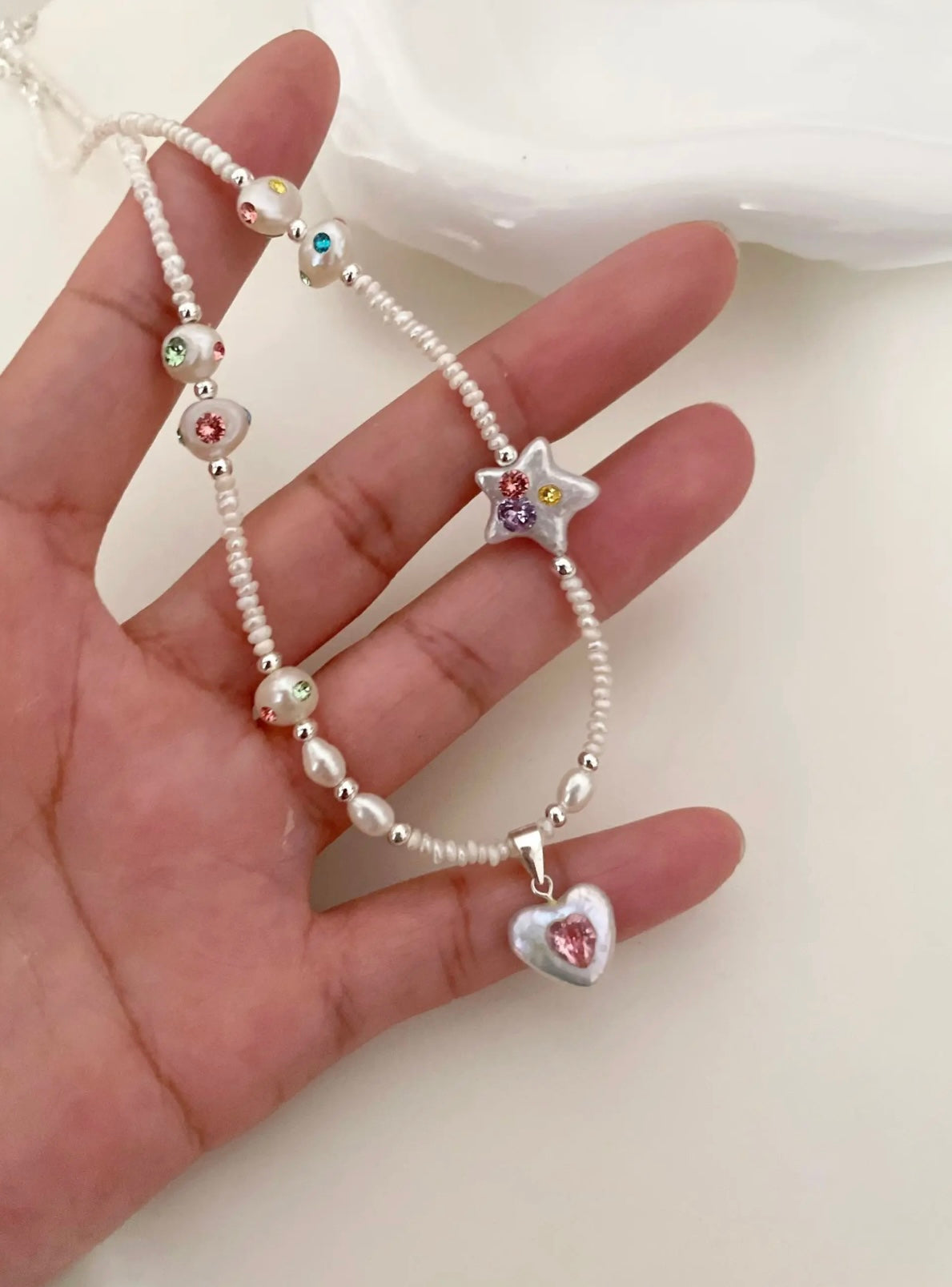 Furina Natural freshwater pearl inlaid with heart gemstone star collarbone chain 925S silver chain